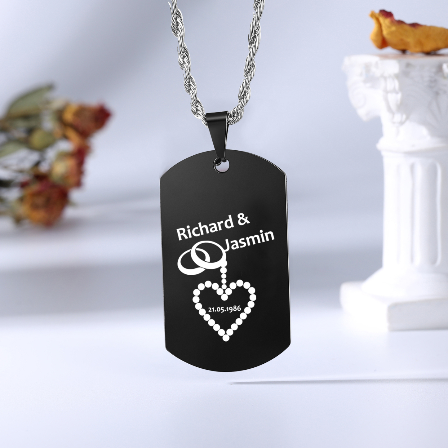 Collar de placa con foto personalizado con 2 nombres, fecha en la trasera para hombre-Jessemade ES