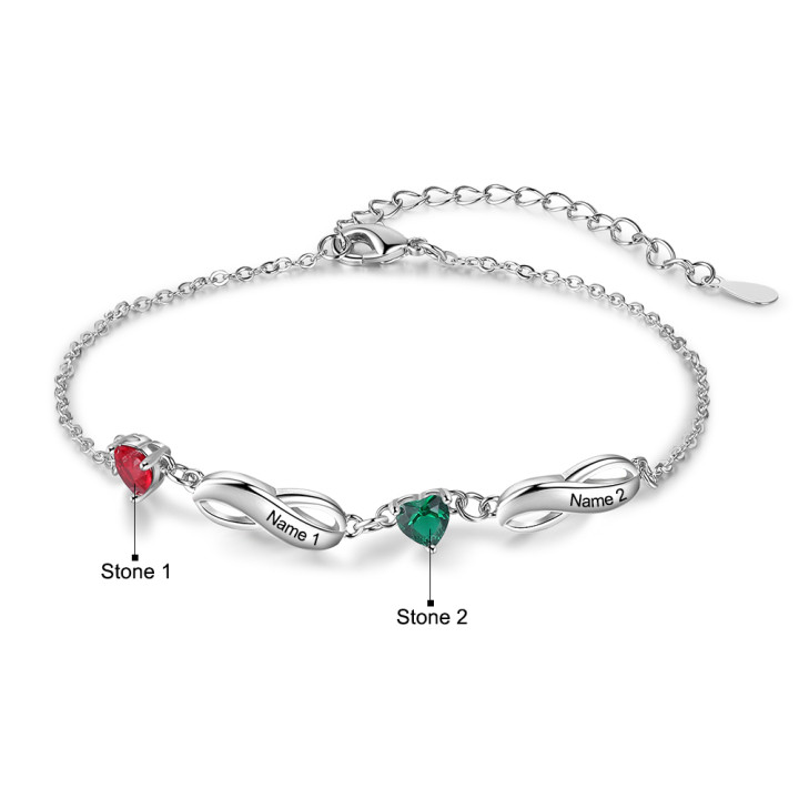 Pulsera "infinito" personalizada con 2 nombres y 2 piedras de nacimiento de corazón-Jessemade ES
