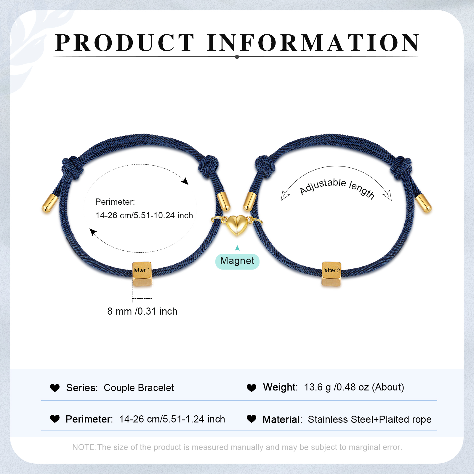 Pulseras de cuerda personalizadas para pareja con dije de corazón magnético grabado de dos letras-Jessemade ES