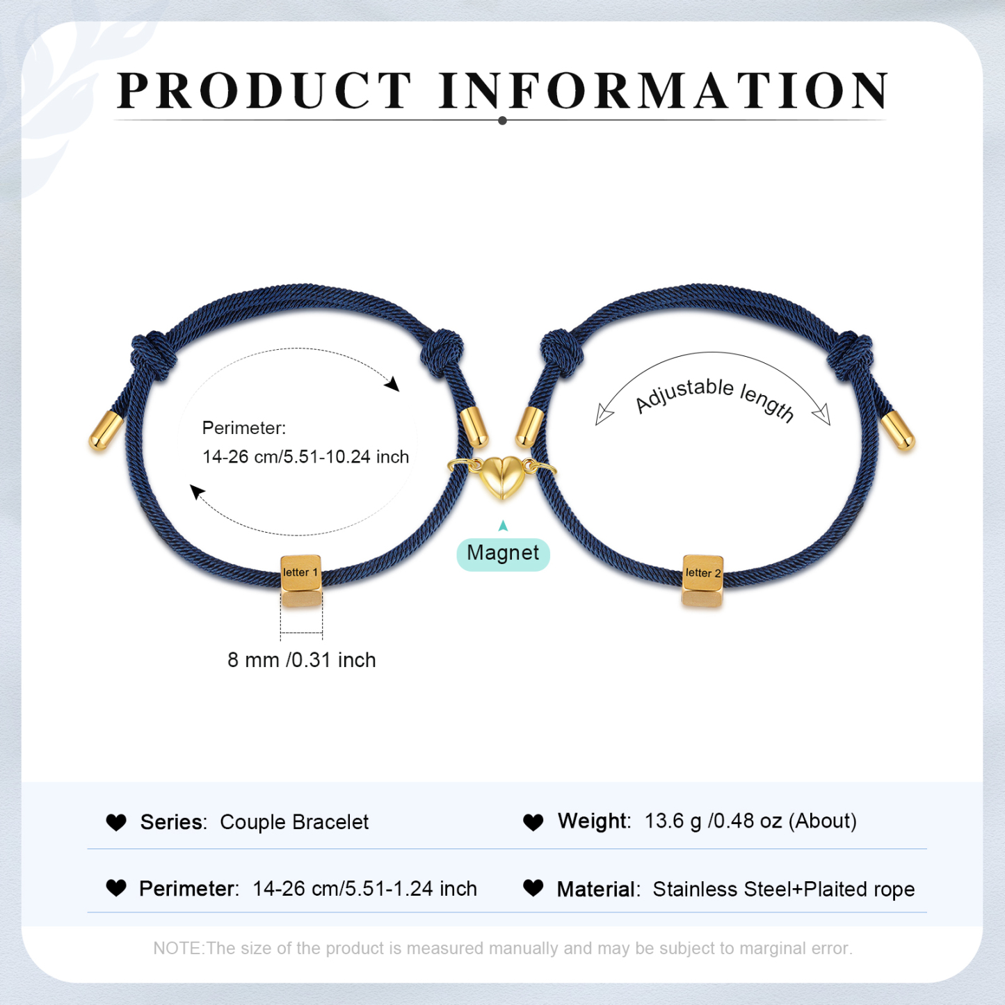 Pulseras de cuerda personalizadas para pareja con dije de corazón magnético grabado de dos letras-Jessemade ES