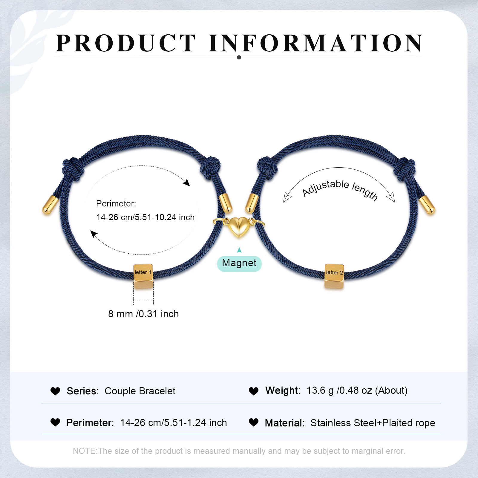 Pulseras de cuerda personalizadas para pareja con dije de corazón magnético grabado de dos letras-Jessemade ES