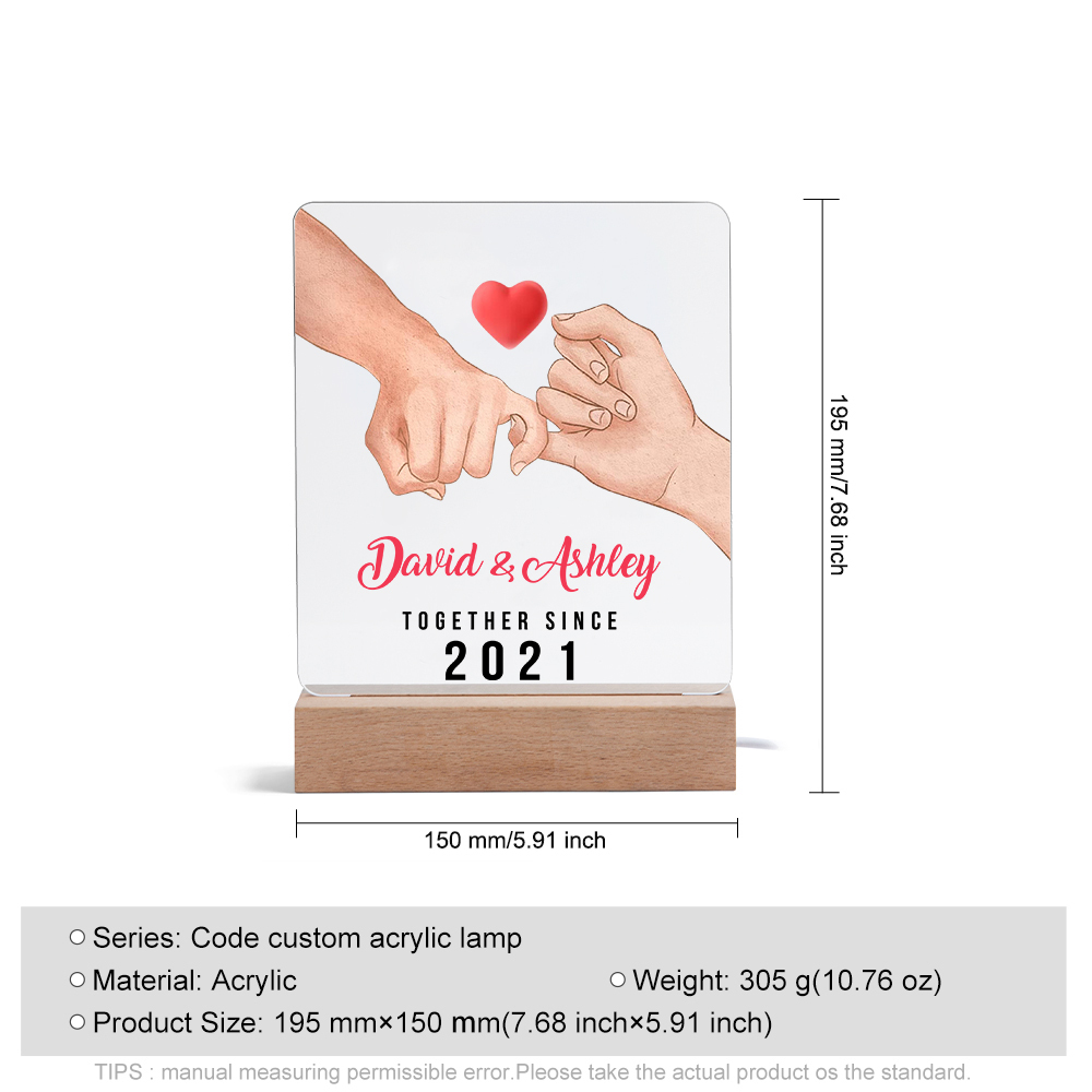 Lámpara dedos cogidos para pareja 3D Ilusión Luz de Noche LED 2 nombres, texto y año personalizados -Jessemade ES