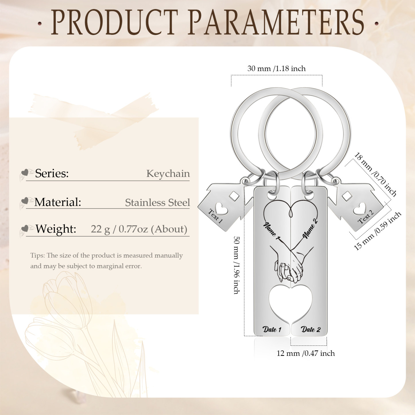 Llavero para pareja manos cogidas 2 nombres, 2 textos personalizados con fecha dije de casa-Jessemade ES
