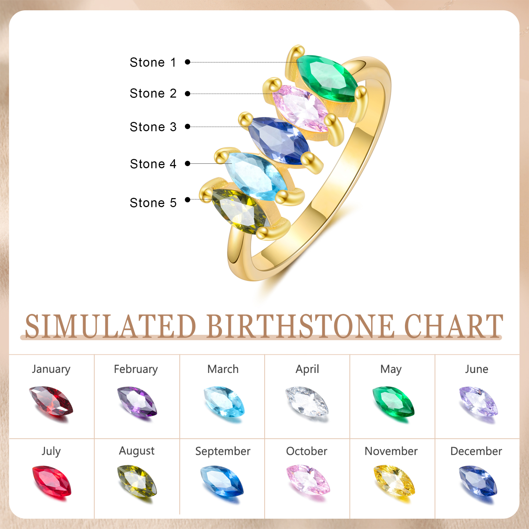 Anillo de zirconias personalizado con 5 piedras de nacimiento anillo familia-Jessemade ES