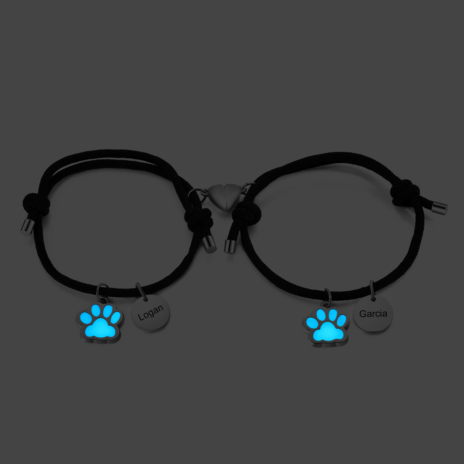 Pulsera para pareja de pata fluorescente 2 nombres personalizados con dije de corazón magnético-Jessemade ES