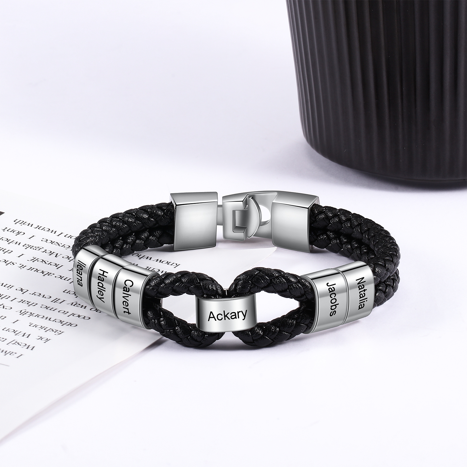 Pulsera 1-7 Nombres Personalizados de Cuero Trenzado con Aros-Jessemade ES