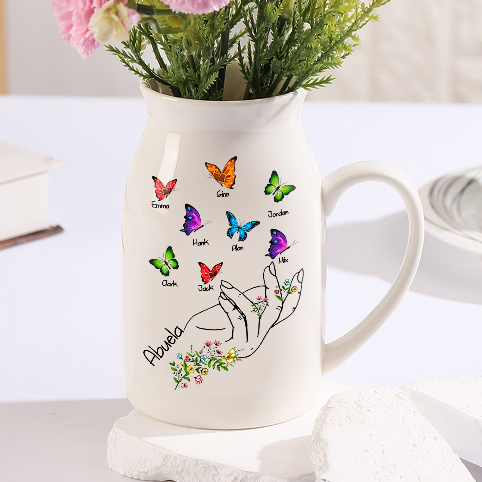 Florero de cerámica mano y mariposas 2-8 nombres personalizados con texto decoración del hogar-Jessemade ES