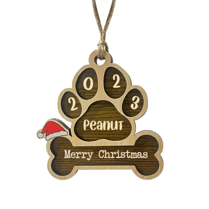 Navidad-Ornamento navideño de madera pata de perro con hueso con 1 nombre y 1 texto personalizados