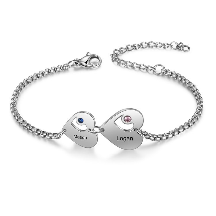 Pulsera de corazón personalizada con 2 nombres y 2 piedras de nacimiento-Jessemade ES