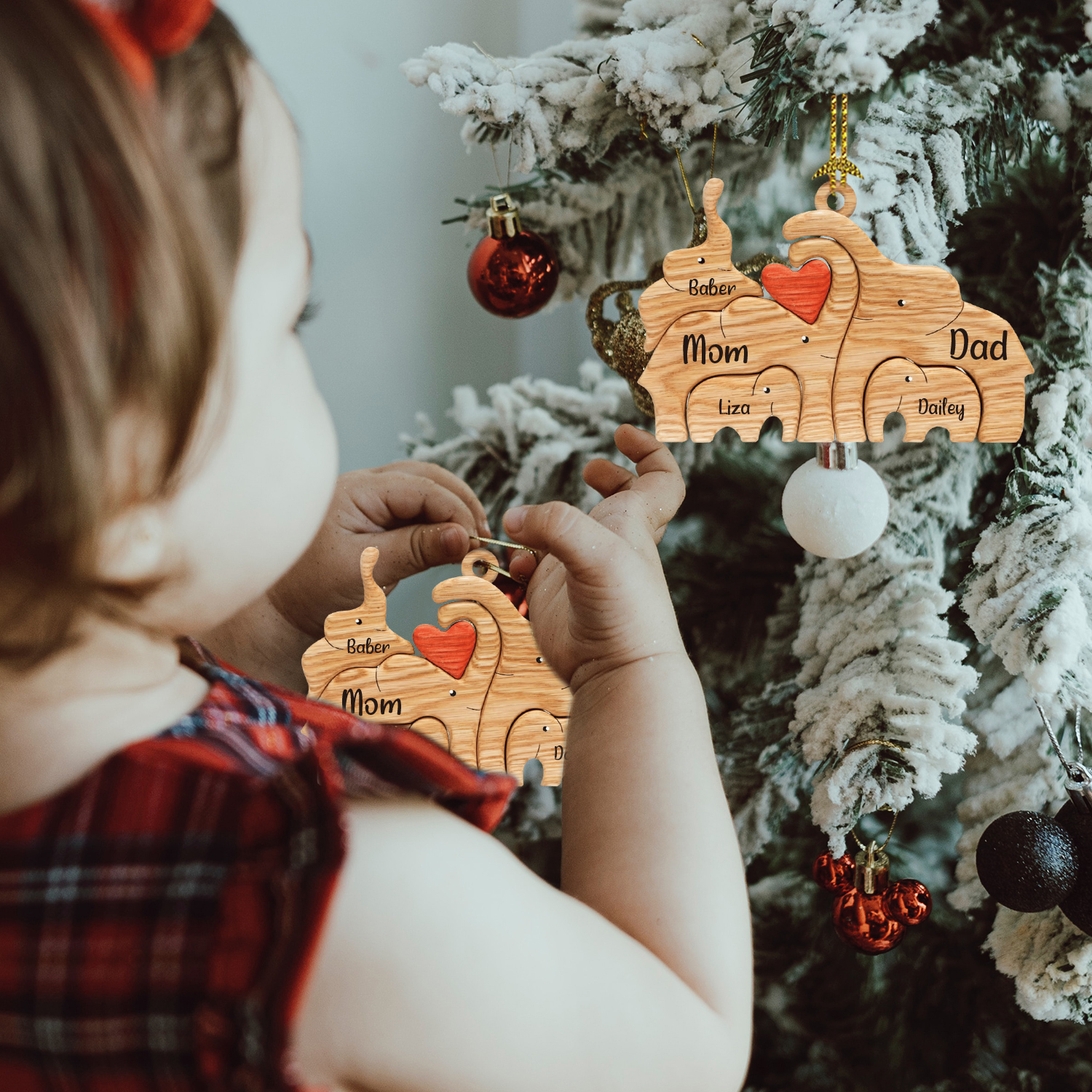 Navidad-Ornamento muñecos navideño de madera familia de elefantes 5 nombres personalizados adorno del árbol-Jessemade ES