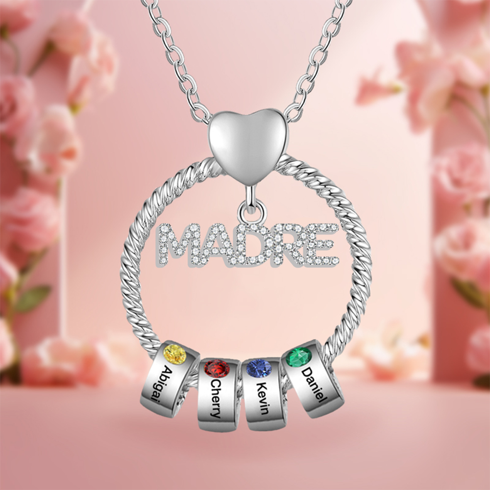 Collar con colgante de "MADRE" con 4 nombres y 4 piedras de nacimiento personalizados | Jessemade-Jessemade ES