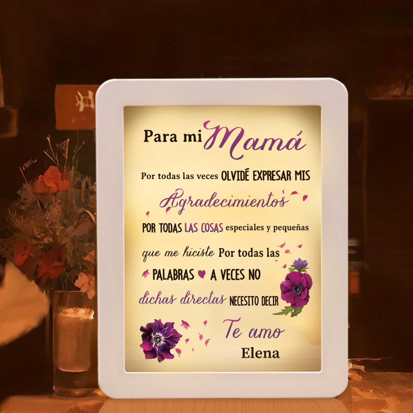 A mi mamá-Marco/Espejo con LED Multifuncional con Texto Amoroso 1 Nombre Personalizado-Jessemade ES
