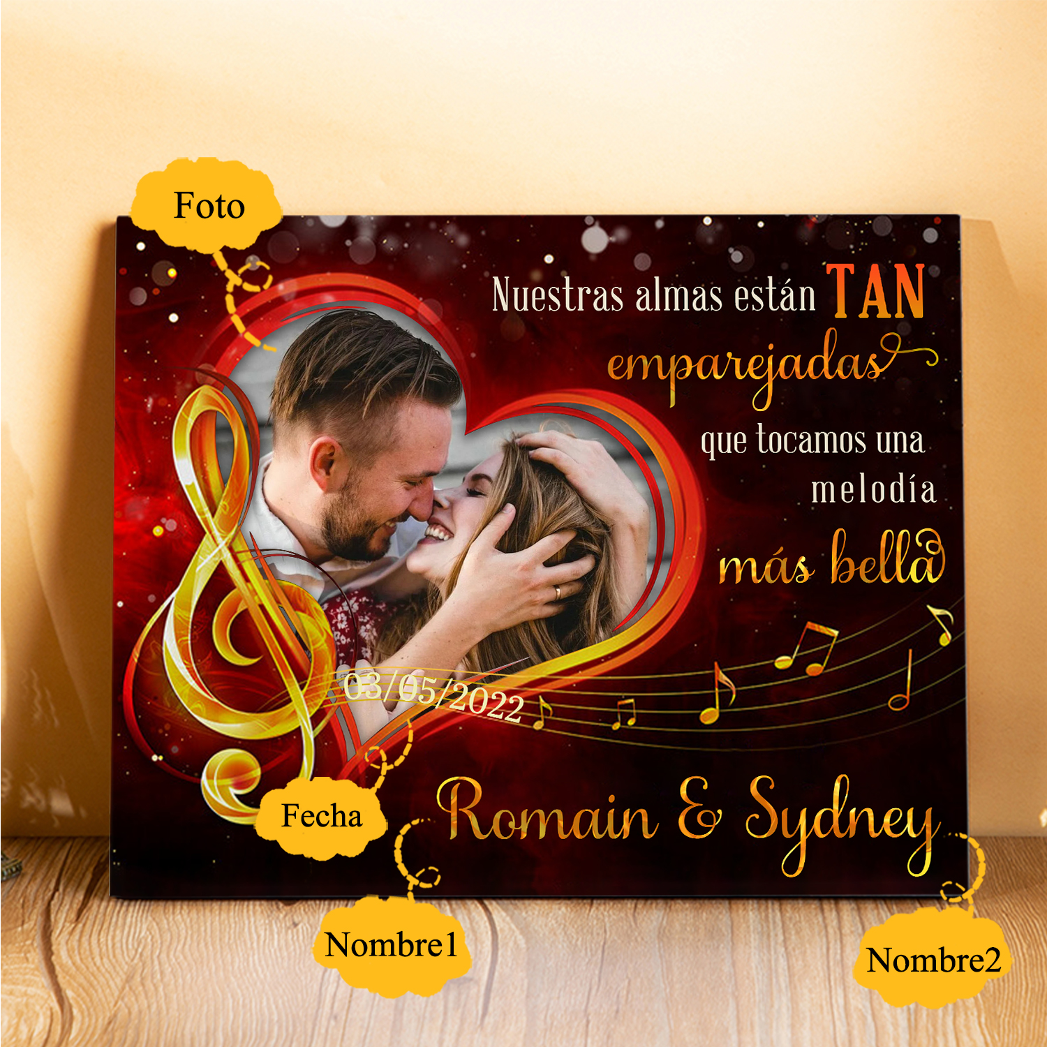 Lámina melodía marco de madera para pareja personalizado con 2 nombres, fecha y foto-Jessemade ES