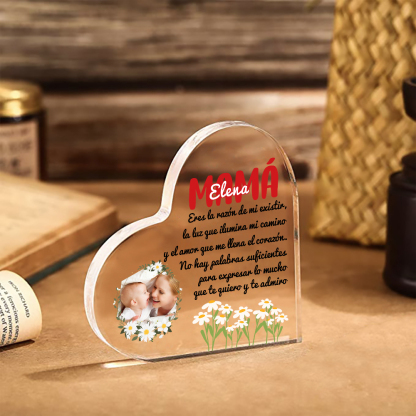 A mi mamá-Placa de acrílico en forma de corazón con frases amorosos 1 nombre y foto personalizados-Jessemade ES