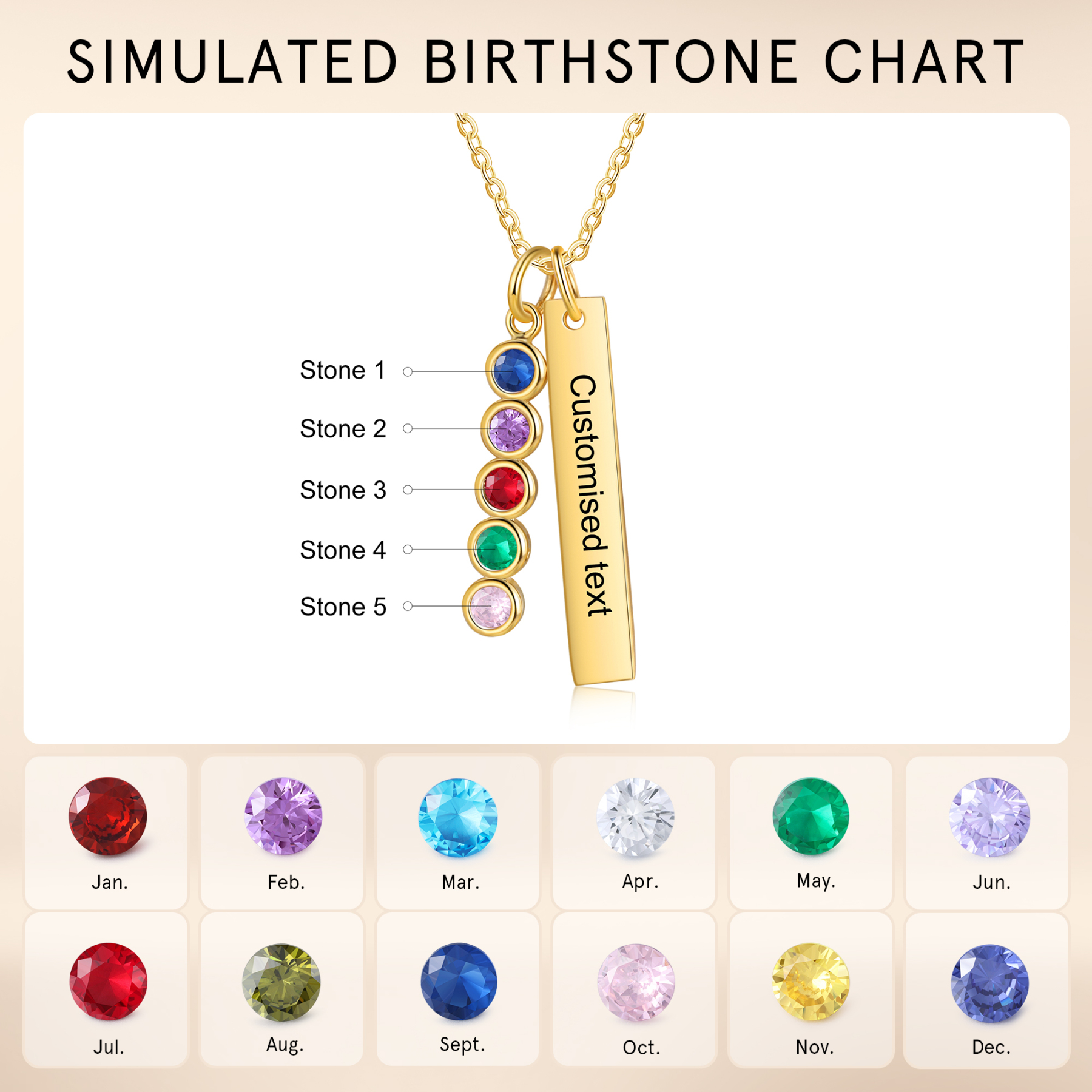 Collar con colgante de placa con 1-6 piedras de nacimiento personalizadas con texto-Jessemade ES