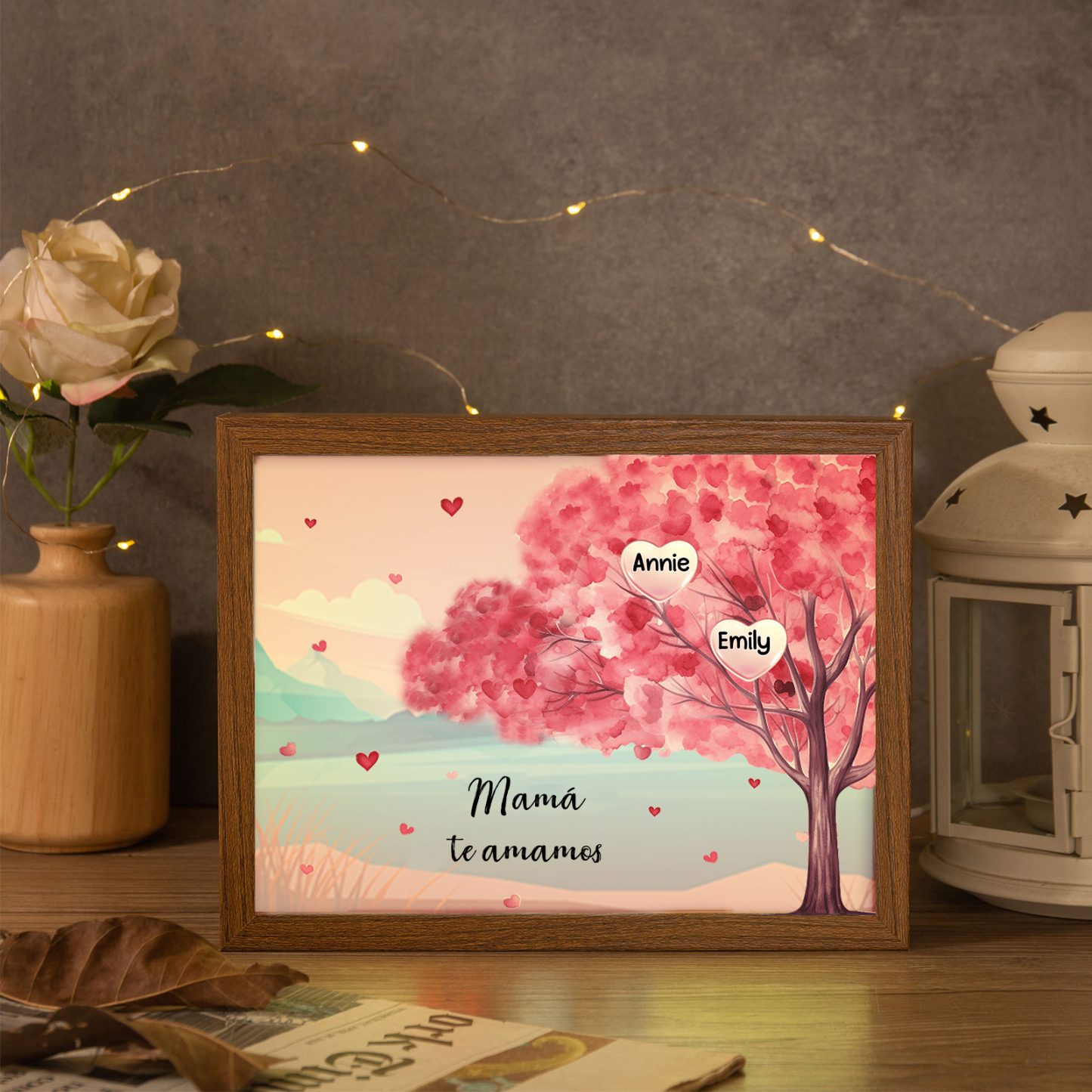 Marco con LED Árbol de la Vida 1-10 Nombres Personalizados con 1 Texto-Jessemade ES