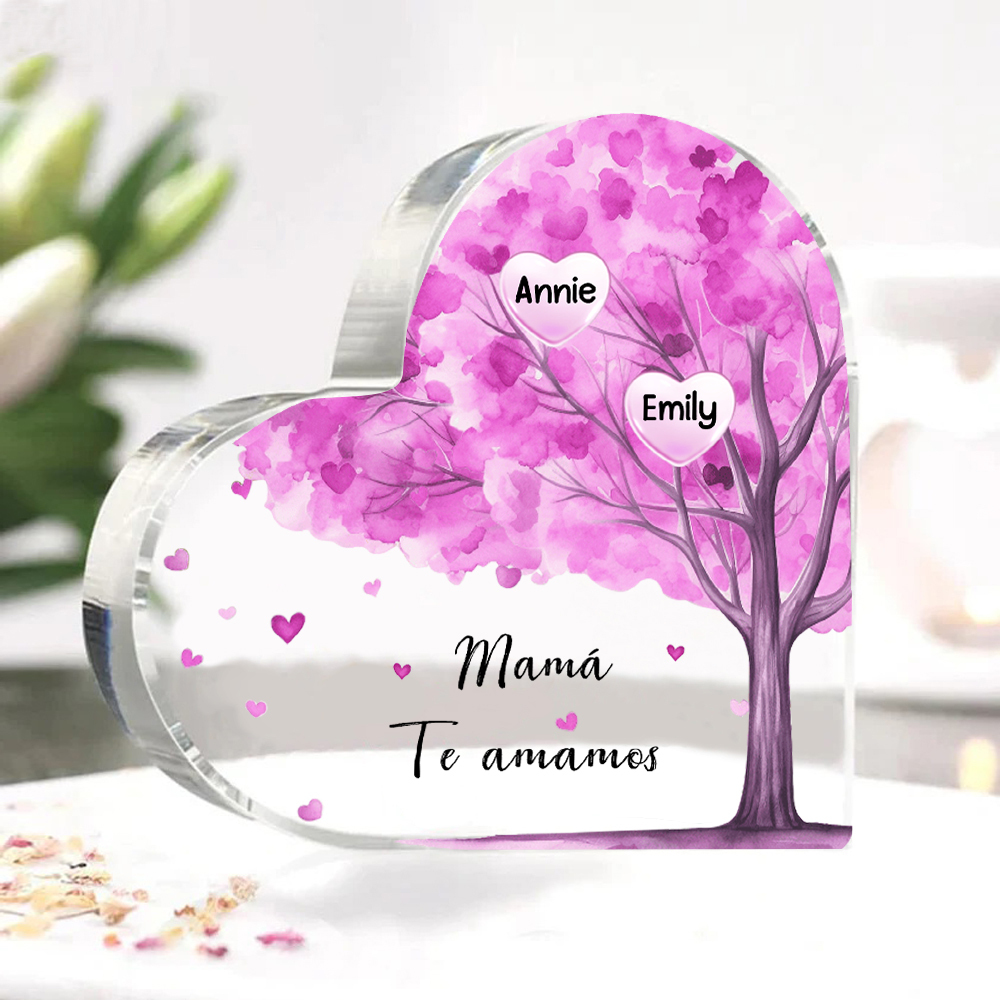 A mi mamá/abuela-Placa de acrílico "Árbol" en forma de corazón 2 nombres y 1 texto personalizados-Jessemade ES