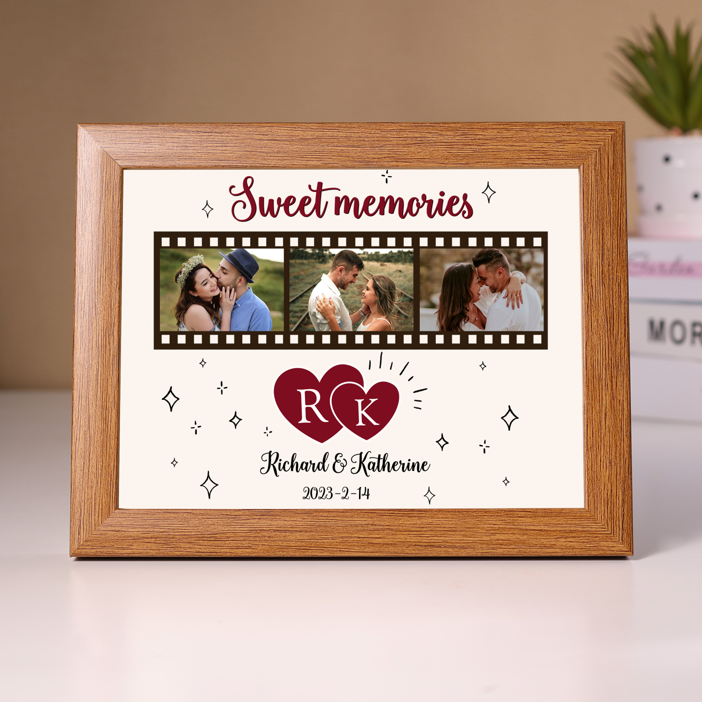 Marco de 3 fotos de madera para pareja 2 textos, 2 letras y fecha personalizados-Jessemade ES