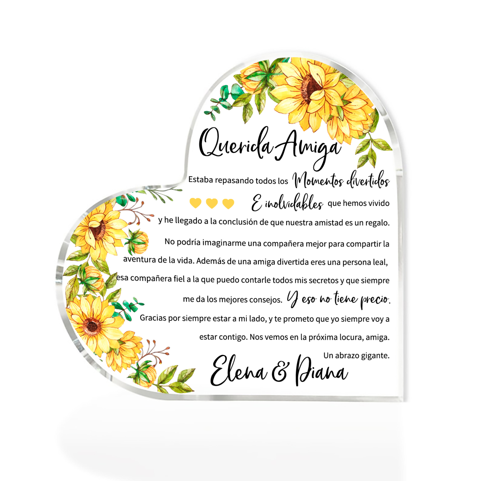 Placa de acrílico en forma de corazón para amiga con 1 texto personalizado-Jessemade ES