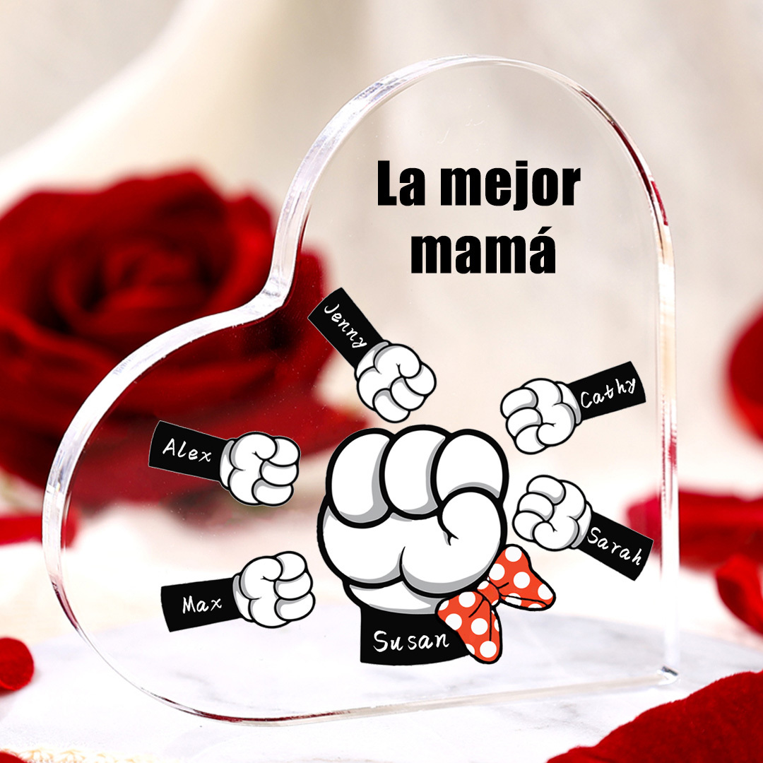 A mi mamá/abuela-Placa de acrílico "Puños" en forma de corazón 6 nombres y 1 texto personalizados-Jessemade ES
