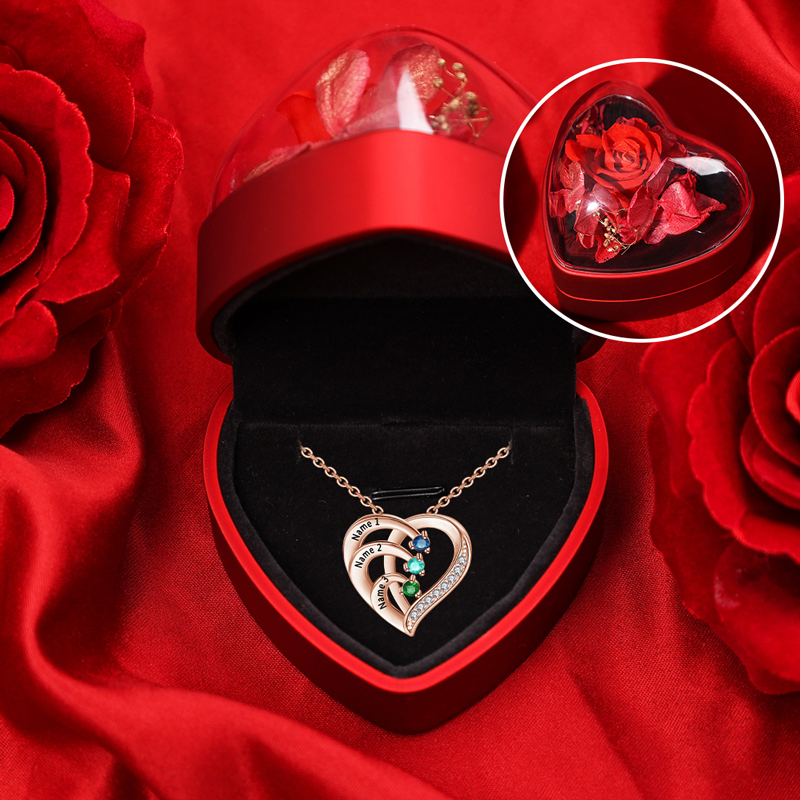 Collar de corazón de plata 925 con 3 nombres y 3 piedras de nacimiento personalizados-Jessemade ES