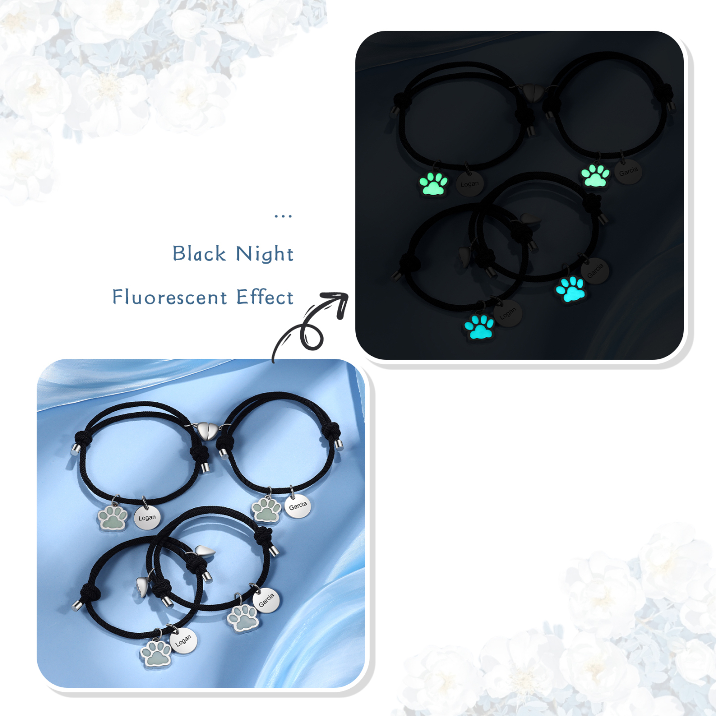 Pulsera para pareja de pata fluorescente 2 nombres personalizados con dije de corazón magnético-Jessemade ES