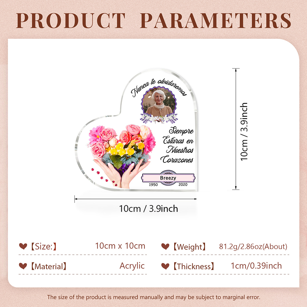Placa de acrílico en forma de corazón con 1 foto, 1 nombre y 2 años personalizados para conmemoración-Jessemade ES