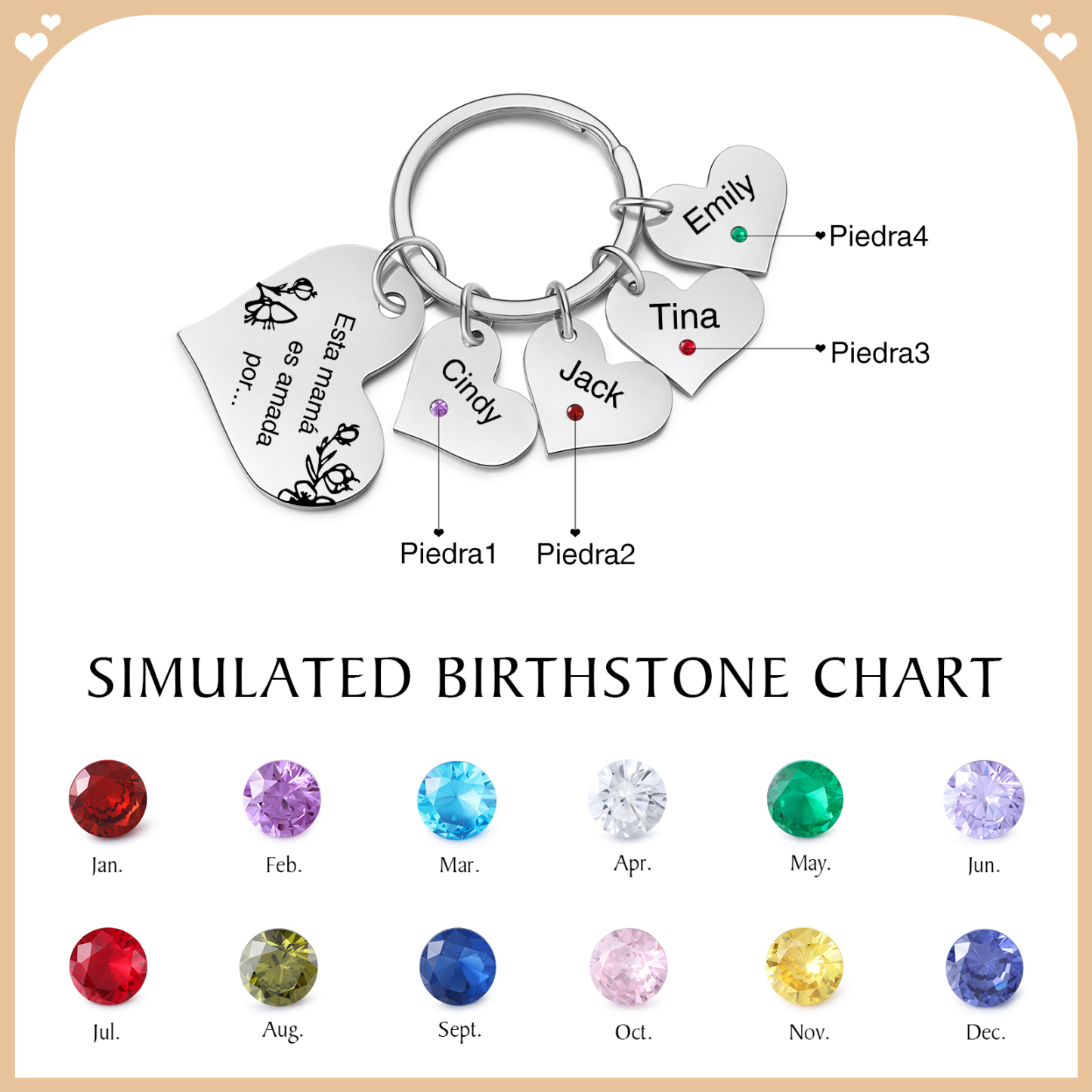 A mi mamá/abuela - Llavero con 4 nombres y piedras de nacimiento personalizados en corazones con texto-Jessemade ES