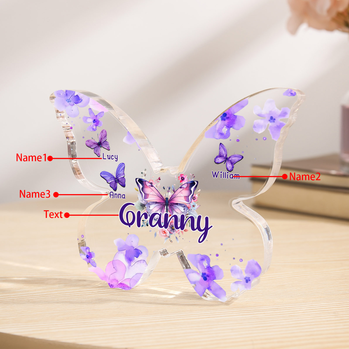 A mi mamá/abuela-Placa de acrílico "Mariposas" en forma de mariposa 3 nombres y 1 texto personalizados-Jessemade ES