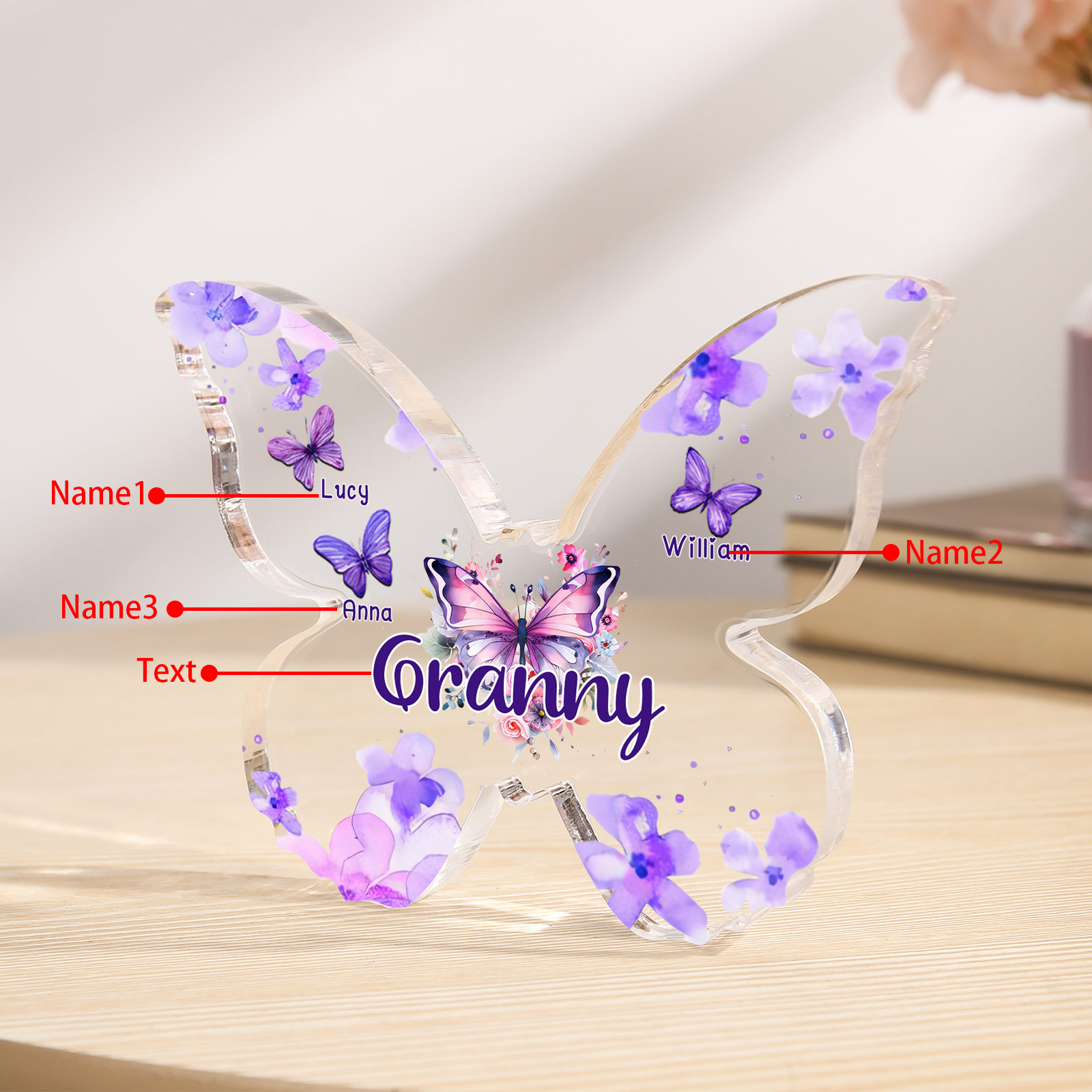 A mi mamá/abuela-Placa de acrílico "Mariposas" en forma de mariposa 3 nombres y 1 texto personalizados-Jessemade ES