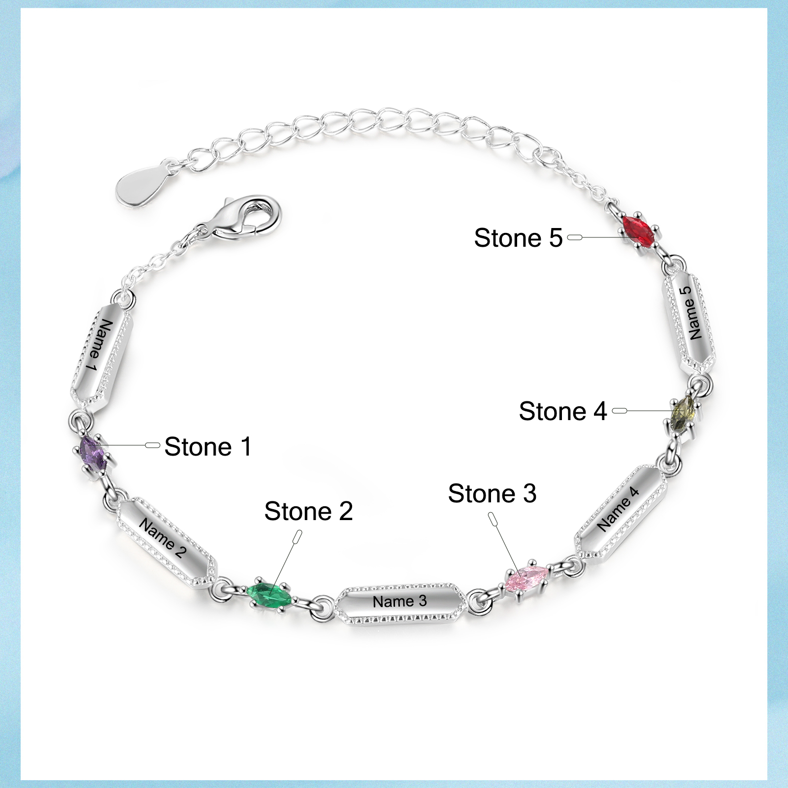 Pulsera infinito para mujer y placa personalizada con 5 nombres y 5 piedras de nacimiento-Jessemade ES
