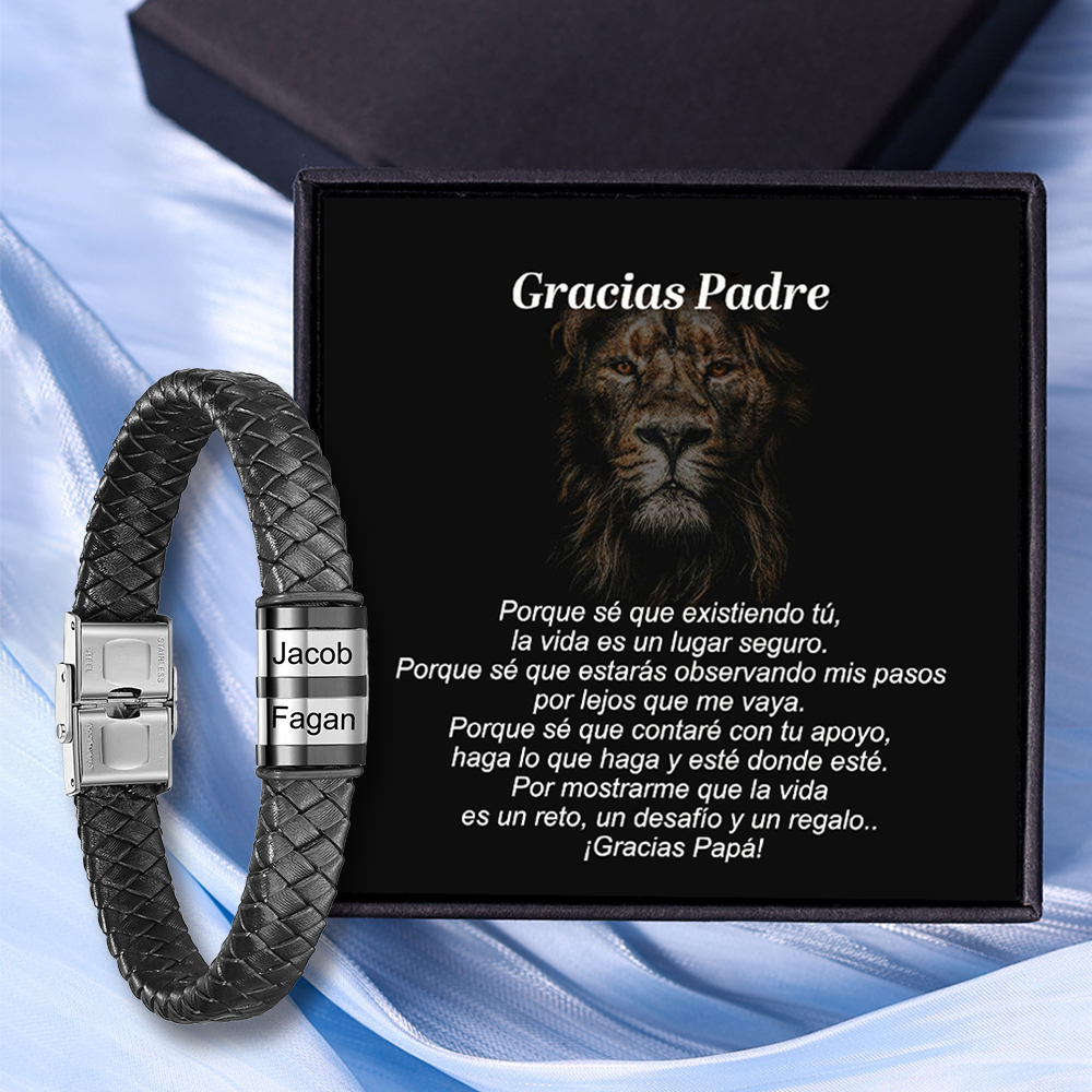A MI PAPÁ-Pulsera de cuero trenzado de hombre con 2 perlas personalizadas con 2 nombres-Jessemade ES