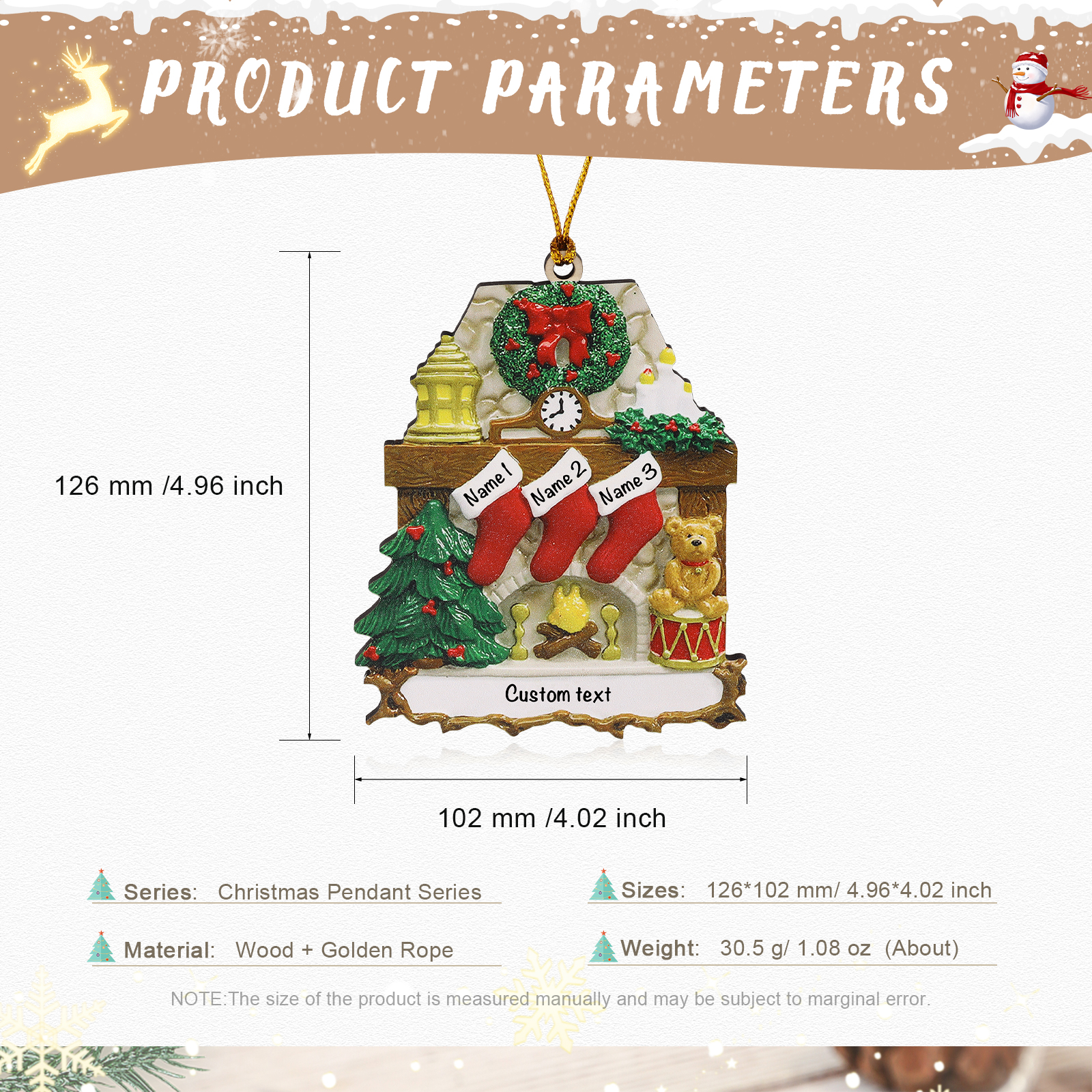Navidad-Ornamento navideño de madera chimenea y calcetines con 3 nombres y 1 texto personalizados