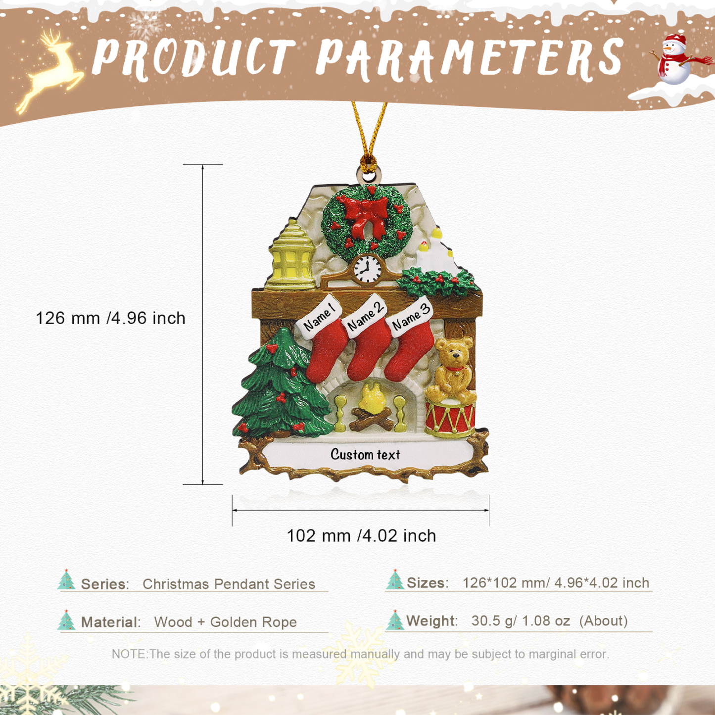 Navidad-Ornamento navideño de madera chimenea y calcetines con 3 nombres y 1 texto personalizados