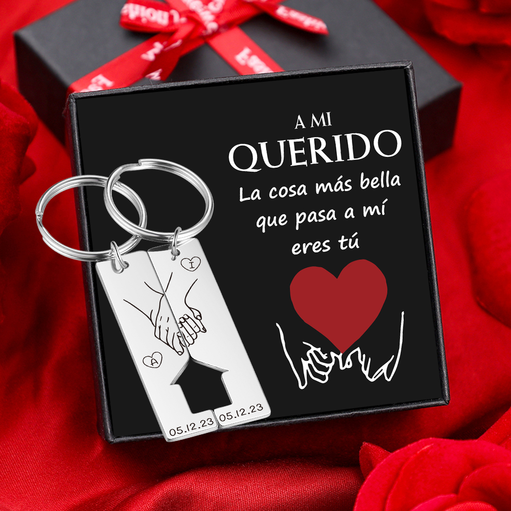 A mi querido-Llavero con casa encajada para pareja manos cogidas 2 letras personalizadas con fecha-Jessemade ES