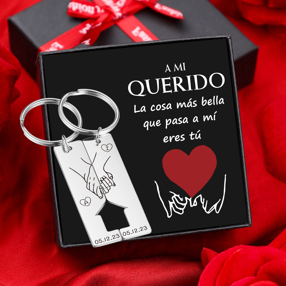 A mi querido-Llavero con casa encajada para pareja manos cogidas 2 letras personalizadas con fecha-Jessemade ES