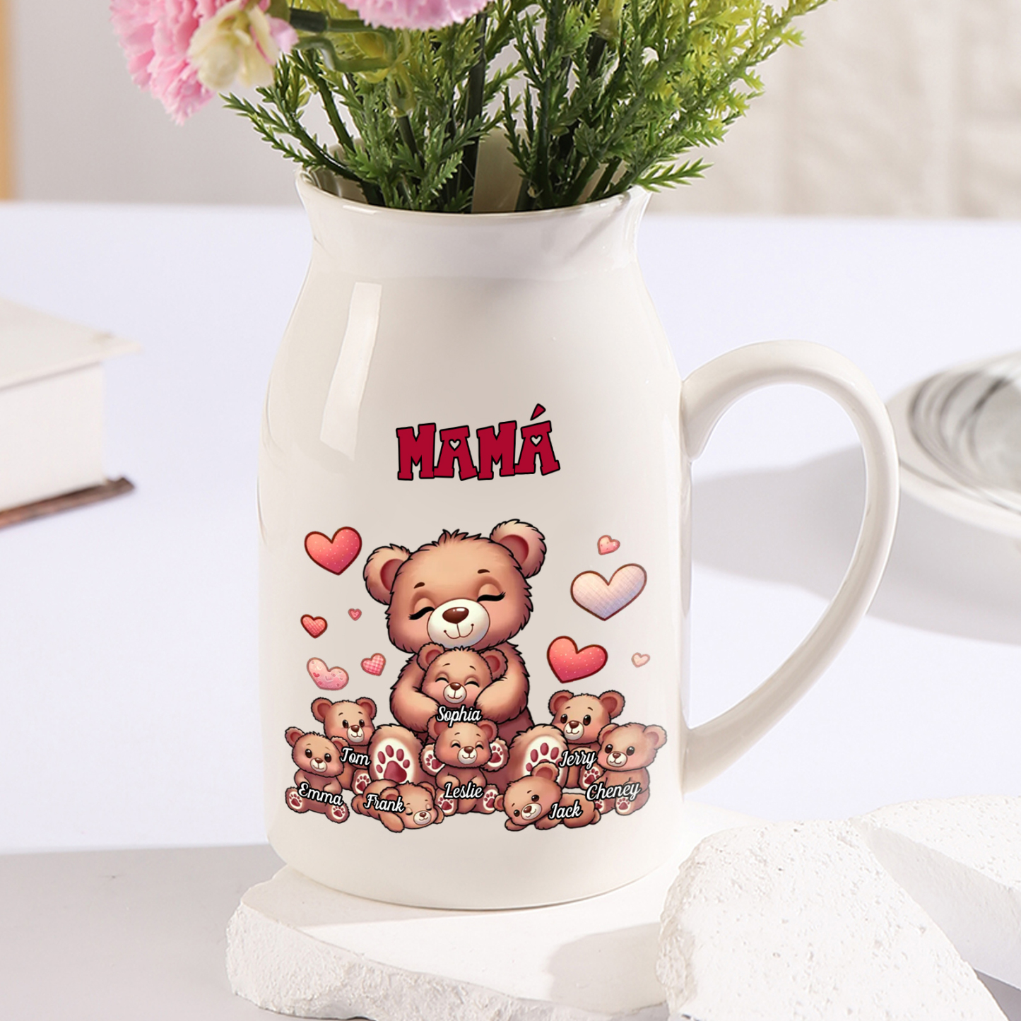 Florero de cerámica mamaosa y sus bebés 2-8 nombres personalizados con texto decoración del hogar-Jessemade ES