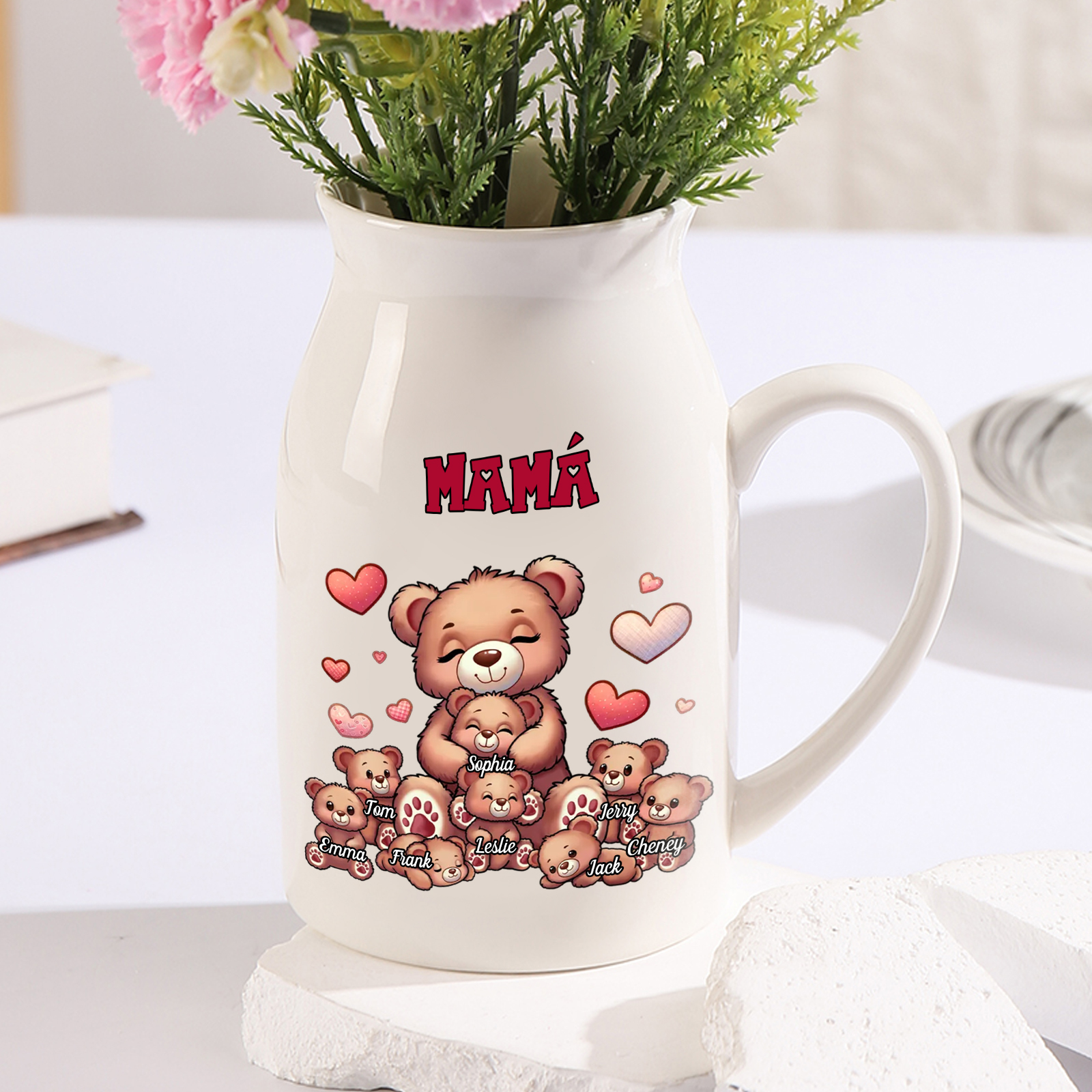 Florero de cerámica mamaosa y sus bebés 2-8 nombres personalizados con texto decoración del hogar-Jessemade ES