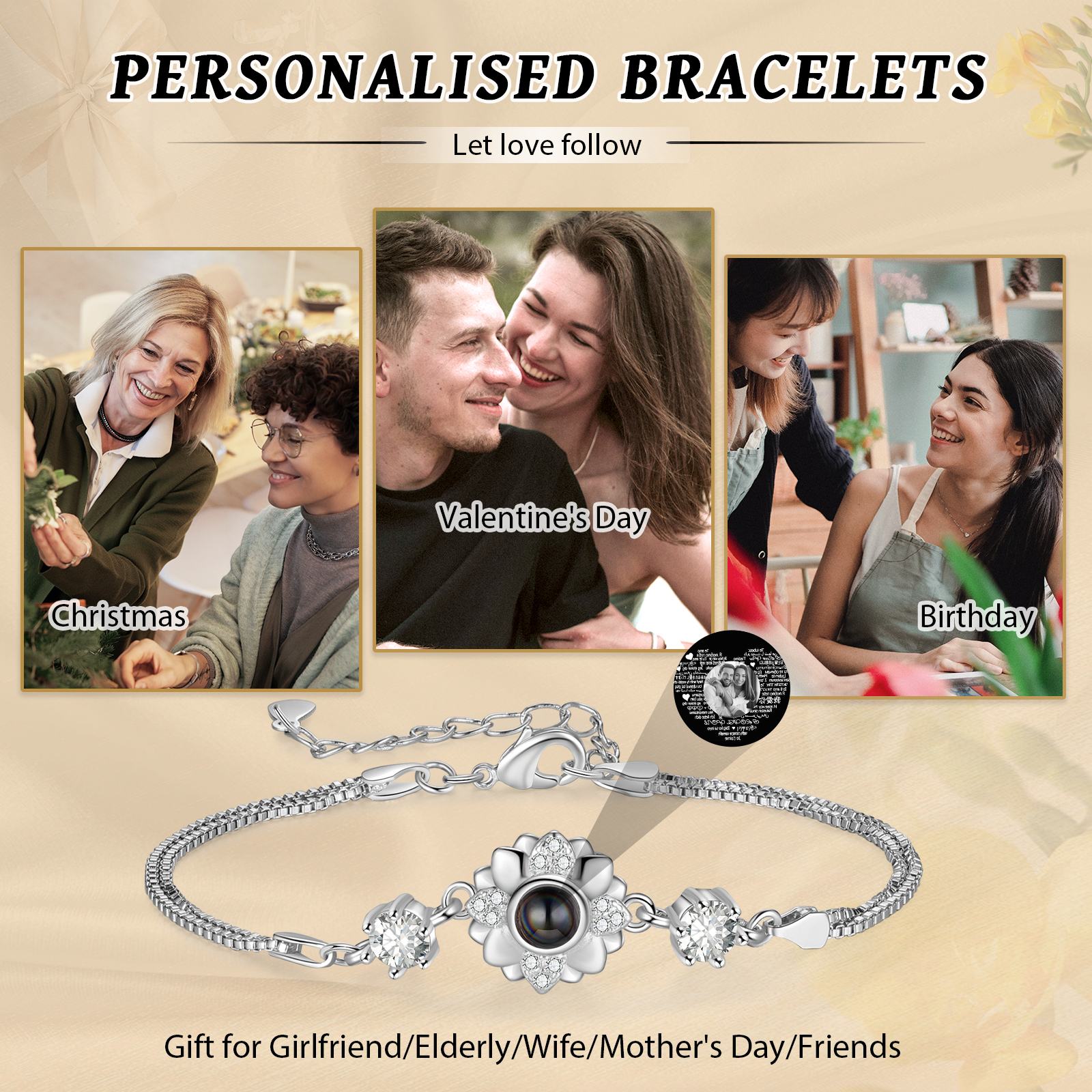 Pulsera con proyección de foto con dije de flor-Jessemade ES