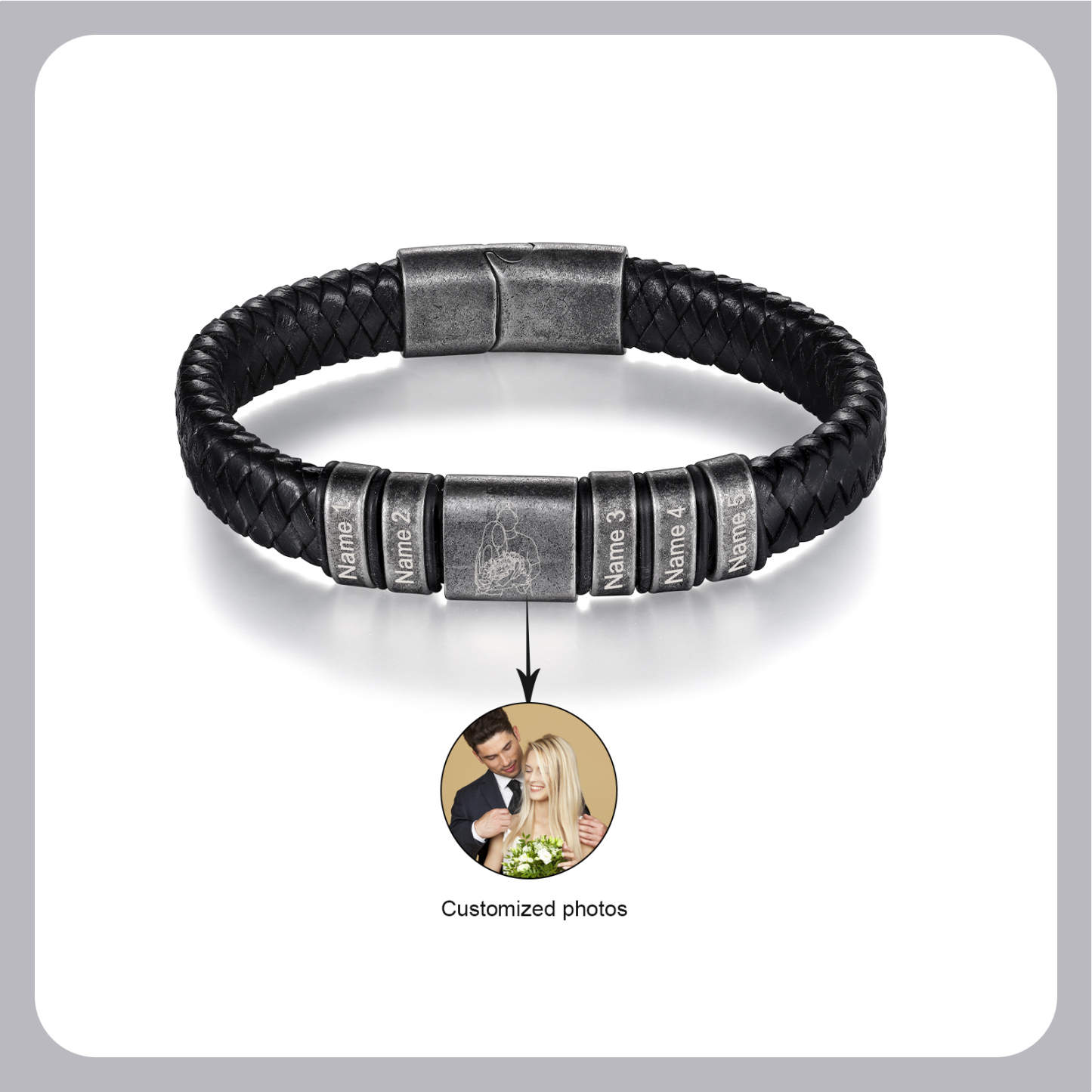 Pulsera 2-5 Nombres en Aros y Foto en Placa Personalizados de Cuero Trenzado