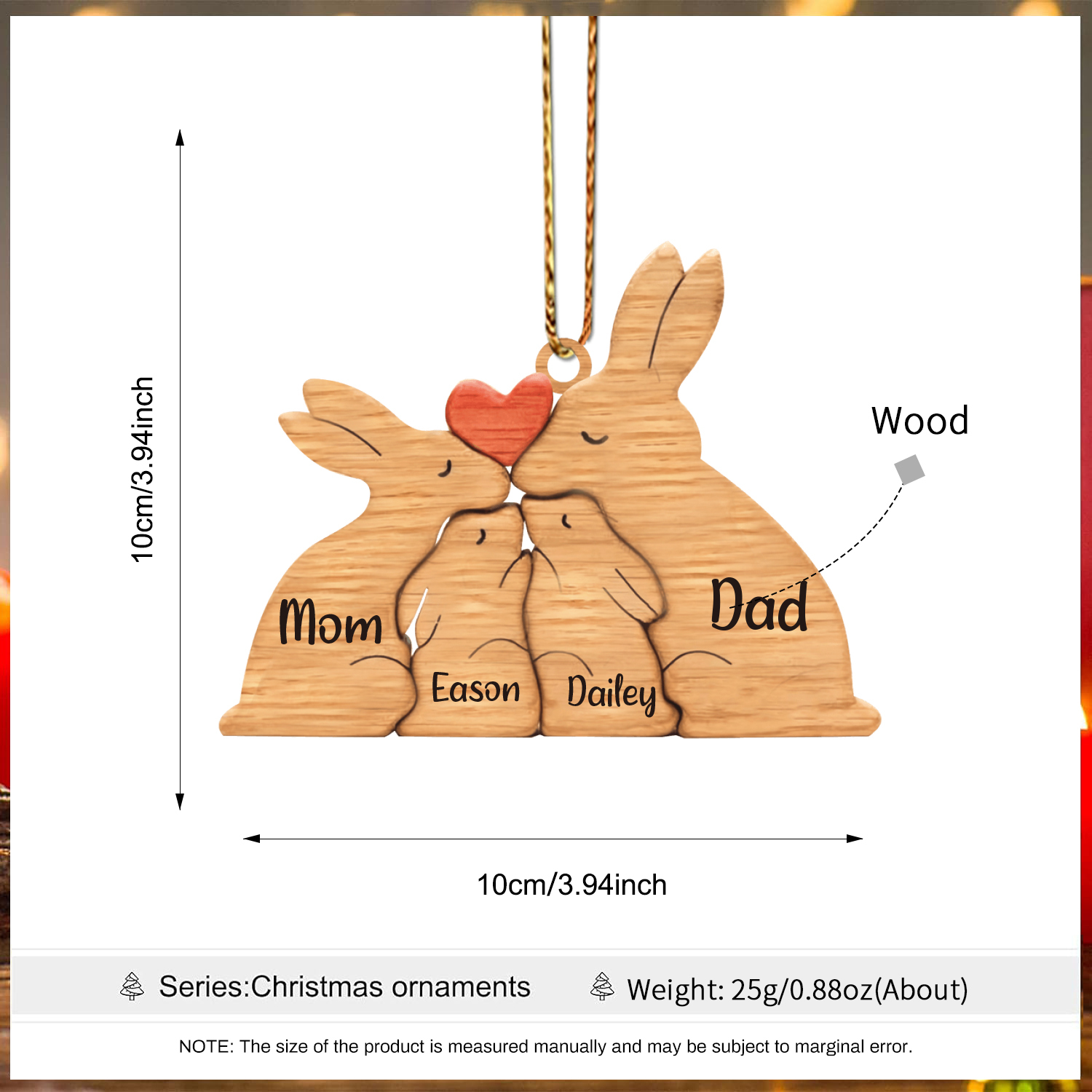 Navidad-Ornamento muñecos navideño de madera familia de conejos 4 nombres personalizados adorno del árbol-Jessemade ES