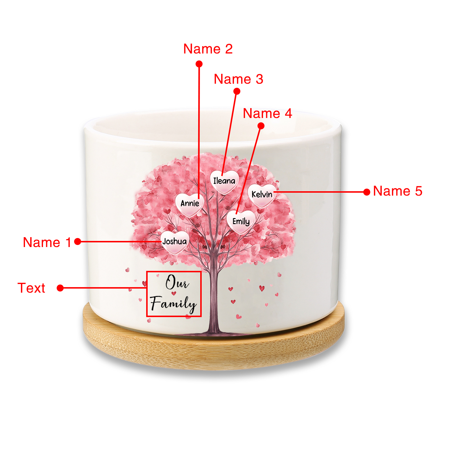 Florero con base de cerámica árbol de corazones 2-8 nombres personalizados con texto decoración del hogar-Jessemade ES