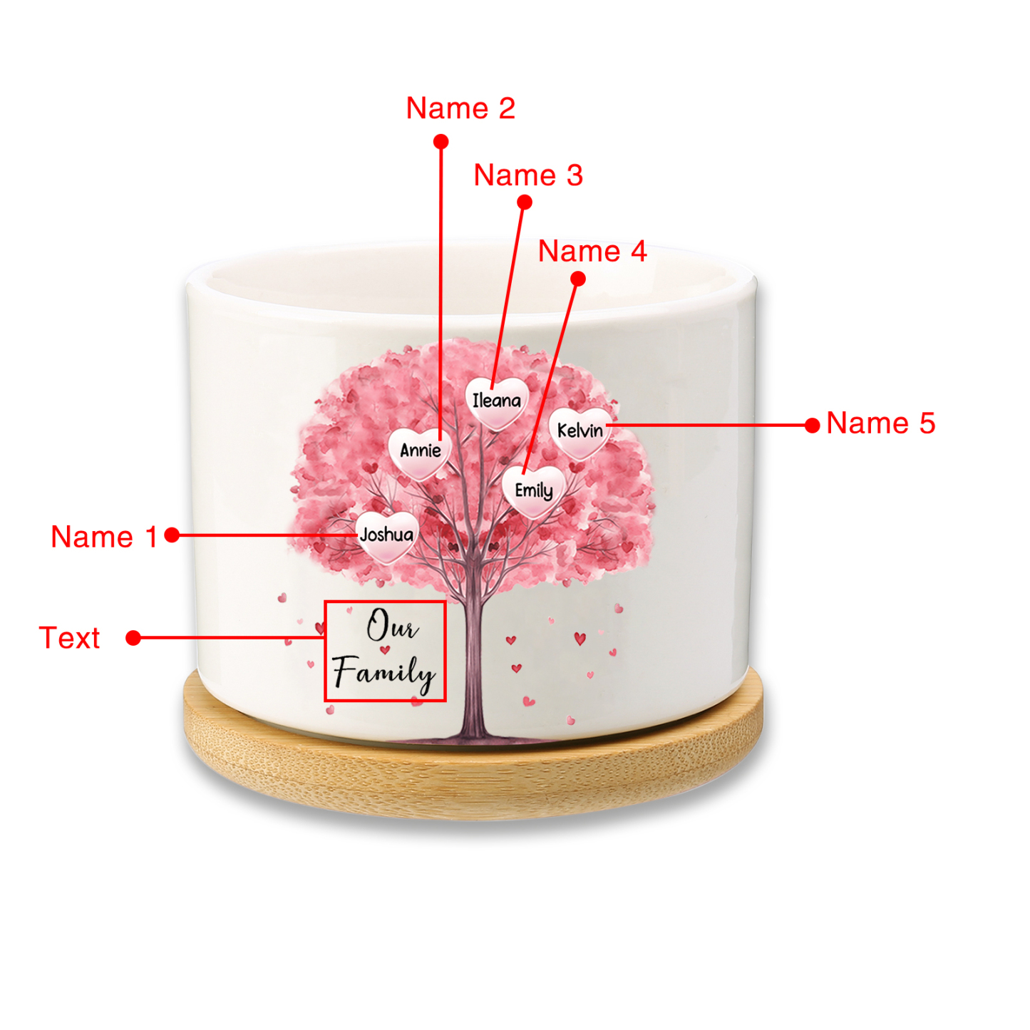 Florero con base de cerámica árbol de corazones 2-8 nombres personalizados con texto decoración del hogar-Jessemade ES