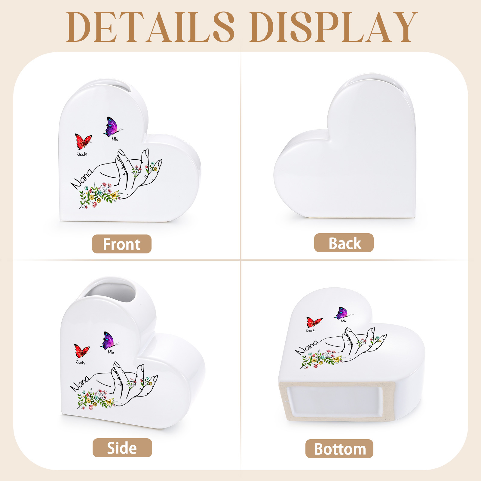 Jarrón de cerámica para Nana con corazones y mariposas, personalizado con 2-8 nombres