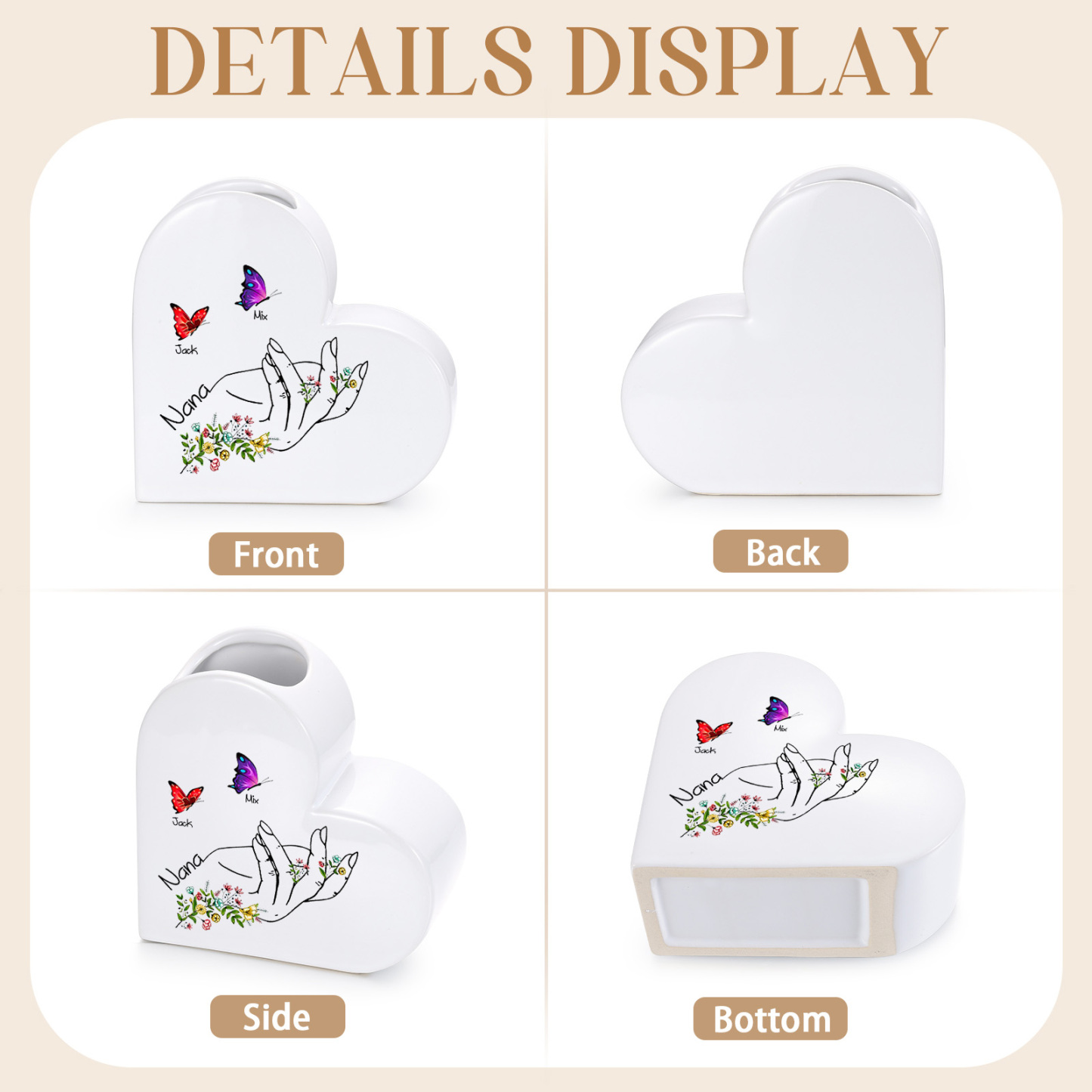 Jarrón de cerámica para Nana con corazones y mariposas, personalizado con 2-8 nombres