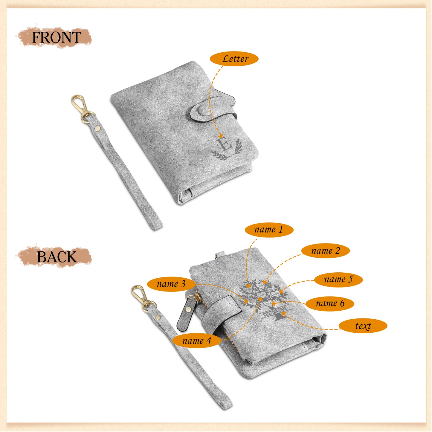 Cartera, billetera con 3-8 nombres, 1 letra y 1 texto personalizados árbol de la vida monedero clásico para mujer-Jessemade ES