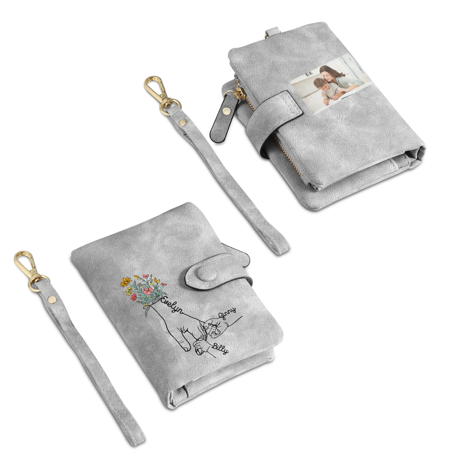Cartera, billetera con 3 nombres y 1 foto personalizados mano con manito monedero clásico para mujer-Jessemade ES