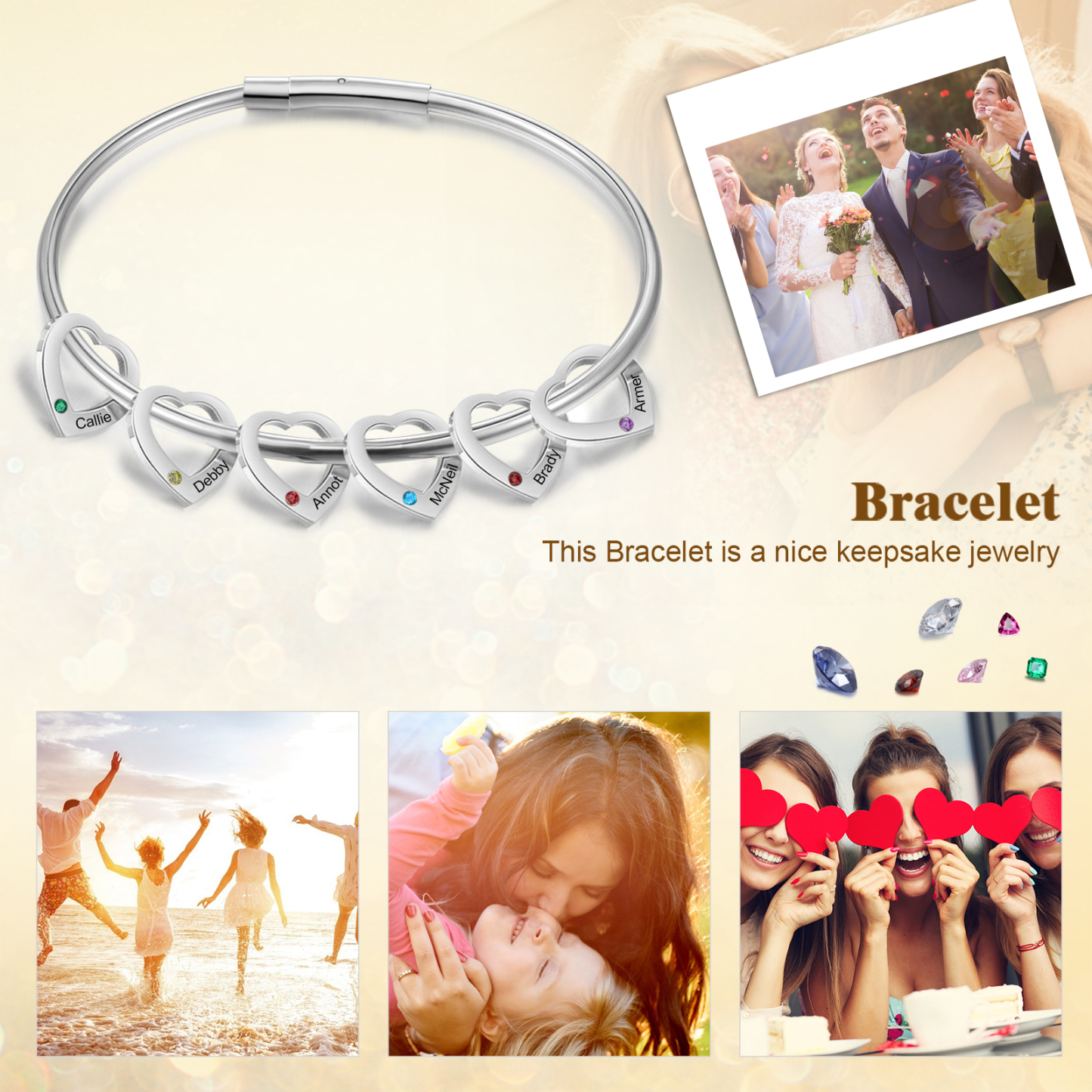 Pulsera con colgantes de corazón personalizados con 6 nombres y 6 piedras de nacimiento | Jessemade