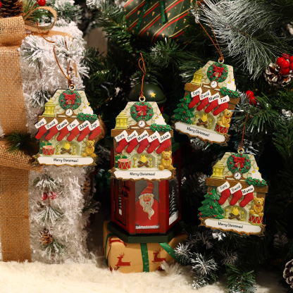 Navidad-Ornamento navideño de madera chimenea y calcetines con 5 nombres y 1 texto personalizados