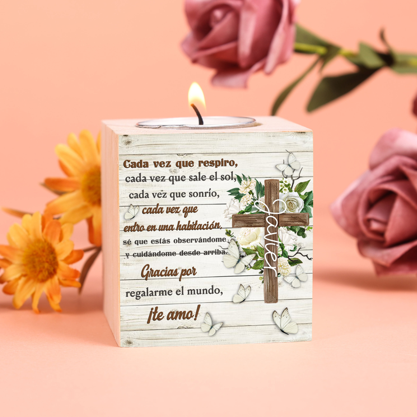 Navidad en el paraíso-Candelero en memoria de ser querido personalizado con nombre de madera sin vela-Jessemade ES